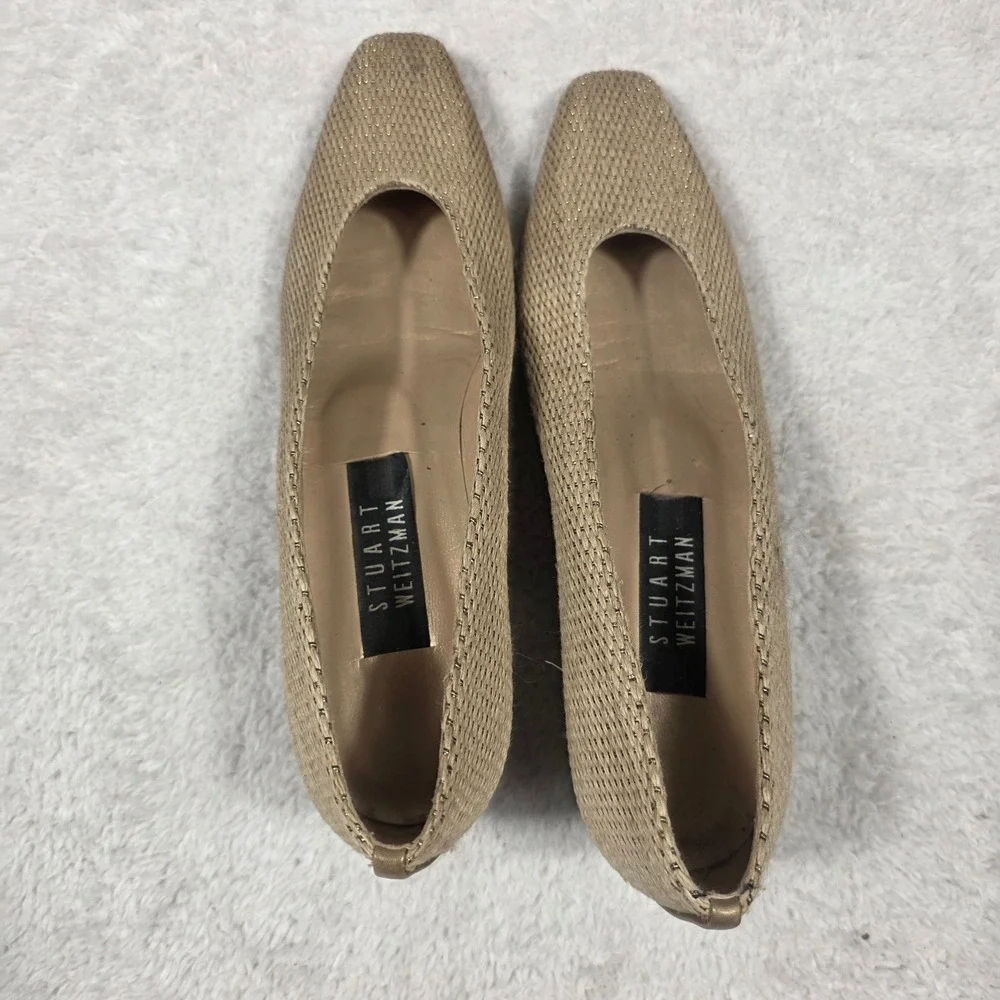 Stuart Weitzman Pumps Womens 7.5 AAAA‎ Gold Woven Block Heel Metallic Spain